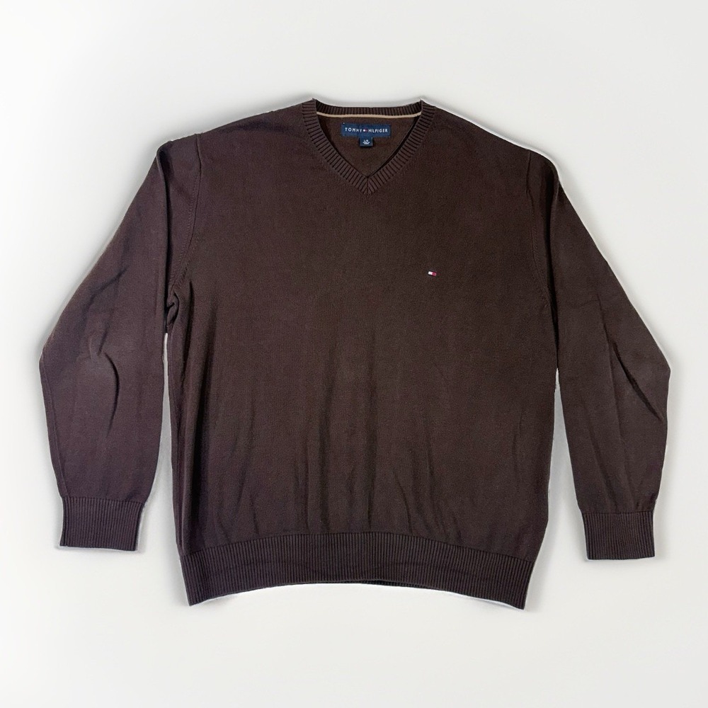 Tommy Hilfiger Mens L Sweater Chocolate Brown V Neck 100% Cotton Preppy Office